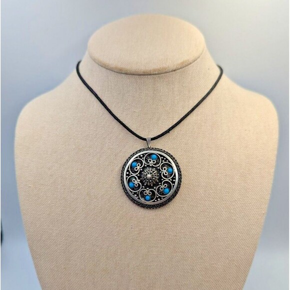 935 Sterling Silver Turquoise Jerusalem Israel Etruscan Revival Brooch Pendant - Picture 3 of 16